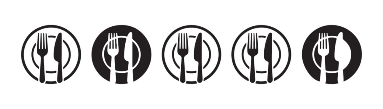 Plate with fork and knife icons set in various styles for restaurant logo and food service application design.