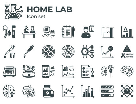 Home Lab & Biohacker DIY Ops Icon Set: Self-Experiment & Monitoring Vector