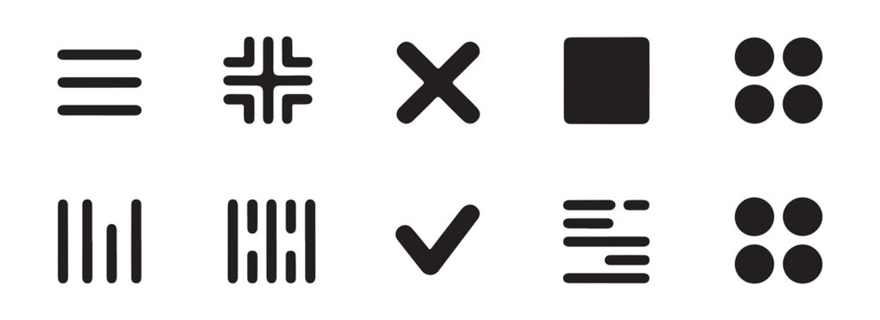 User interface icons set for mobile apps including menu close check square and grid layout button silhouettes.