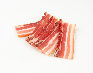 Obraz premium Cured carbonara pork isolated, raw smoked bacon, streaky brisket on white background
