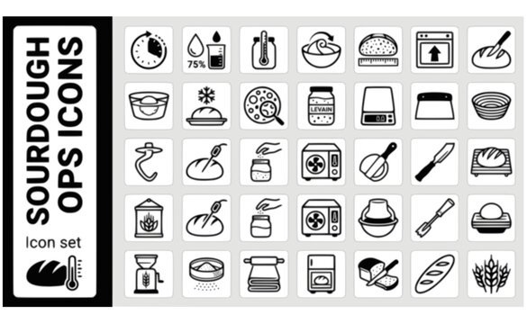Advanced Sourdough Bread Baking Icon Set Autolyse Clock Hydration Gauge Bulk Ferment Coil Fold Crumb Score Oven Spring Ear Slash Float Test Freeze Bake Crumb Porosity Vector