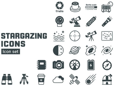 Amateur Astronomy Stargazing Icon Set Aperture Ratio Collimation Bortle Scale Dark Adapt Timer Eyepiece FOV Goto Mount Dew Heater Red Torch Seeing Scale Polar Align Reticle Vector