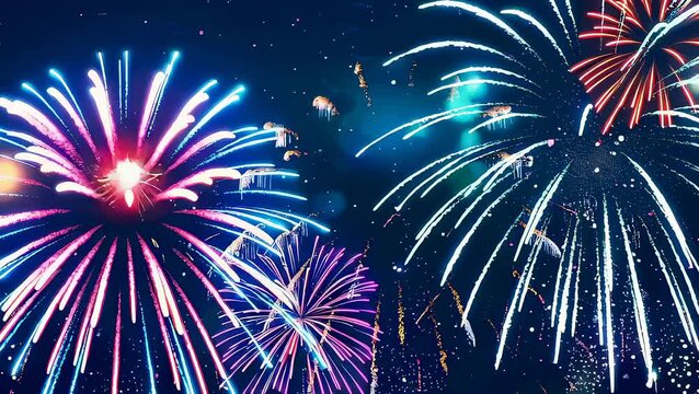 Colorful fireworks display exploding in night sky. Bright flashes and light patterns for New Year celebration. Festive pyrotechnics background, night sky event.