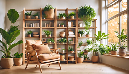 Fototapeta premium A cozy living room interior featuring a plush armchair, overflowing bookshelves, and a variety of houseplants. Sunlight streams through a window. Generative AI.