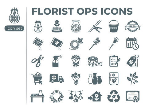 Florist Flower Arranging Icon Set Grid Tape Vase Frog Pin Holder Chicken Wire Stem Cut Angle Hydration Bucket Foam Free Badge Flower Food Corsage Wire Boutonniere Pin Harvest Vector