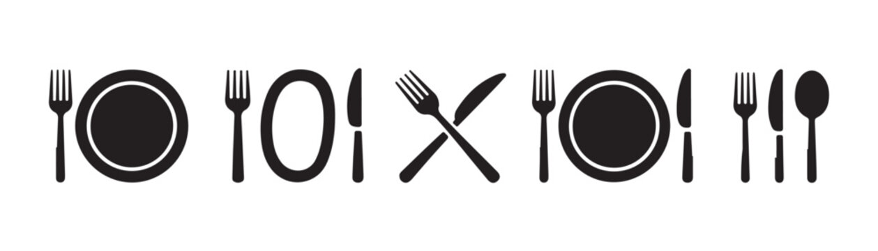 Table setting silhouette icons with fork knife spoon and plate representing restaurant dining and etiquette.