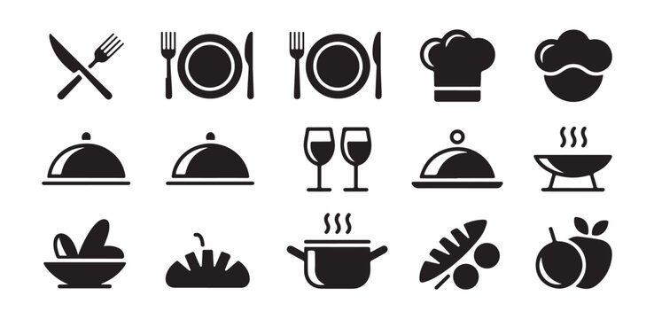 Food and drink icons with plates cutlery chef hats glasses and cooking pots for restaurant menu design elements.