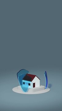 A house protected by an alarm with 3 shields rotating around it - 3D rendering