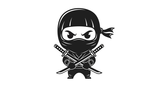 Cartoon ninja with crossed swords standing.
