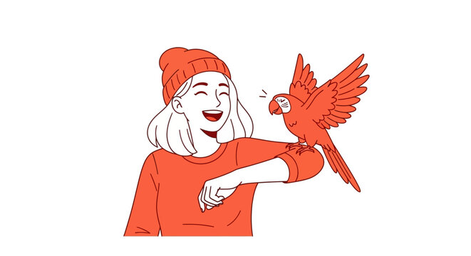Happy woman laughing with a red parrot on her shoulder
