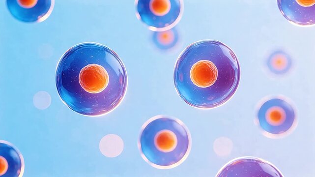 Cellular structure with blue and orange spheres