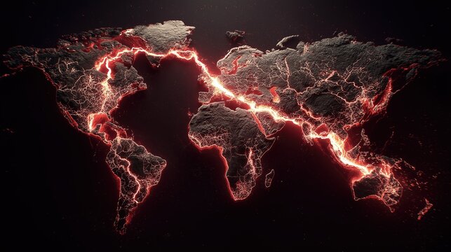 World globe, composed of glowing digital data particles and geometric facets, fracturing and exploding into dark space, representing global geopolitical crisis and the chaotic breakdown of world order