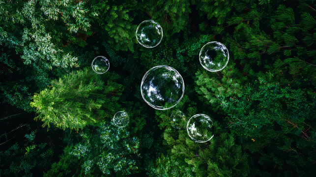 O2 bubbles in the middle of a lush forest are a metaphor for the purifying processes of air through nature. plants absorb carbon dioxide and release oxygen into the air. oxygen release concept