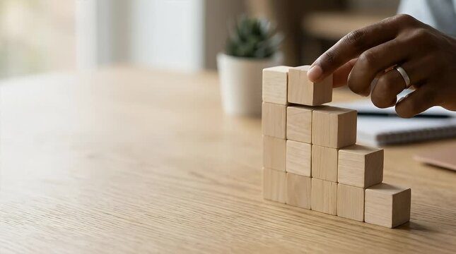 Hand Placing Wooden Block on Stacked Cubes on Table