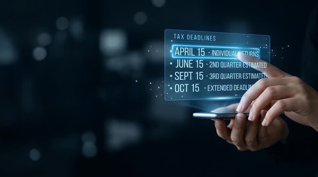 Holographic Tax Deadlines Displayed Above Smartphone in Dark Setting