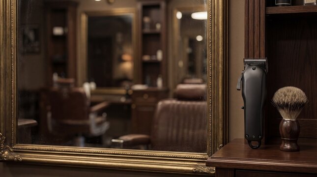 Electric hair clipper and shaving brush at professional barber shop