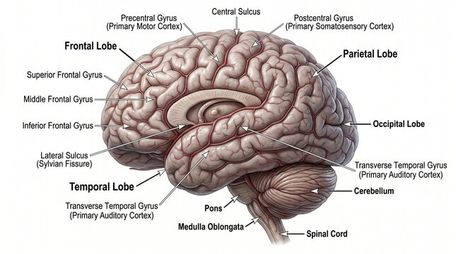 Diagram of human brain with labeled lobes and regions gray matter white matter
