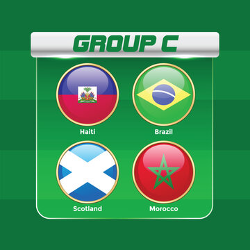 2026 World Football Tournament Group C Draw Infographic with National Teams Flags and  International Soccer Championship Table Template. Haiti, Brazil, Scotland, Morocco
