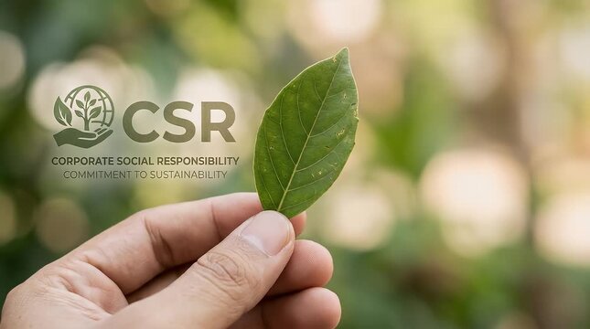 Hand Holding Leaf with CSR Logo and Commitment to Sustainability