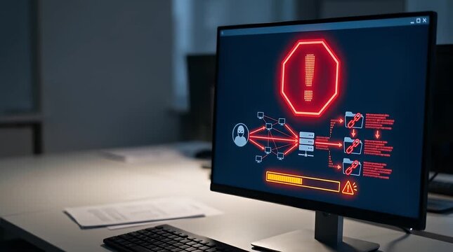 Digital Warning Alert on Computer Screen in Modern Office