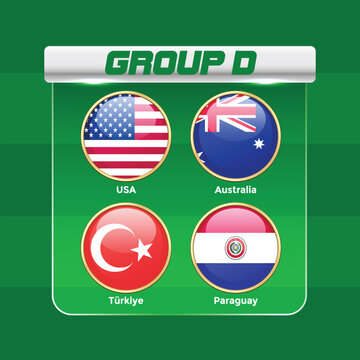 2026 World Football Tournament Group D Draw Infographic with National Teams Flags and  International Soccer Championship Table Template. USA, Australia, T&uuml;rkiye, Paraguay