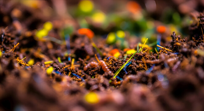 Colorful ants on brown soil ground.