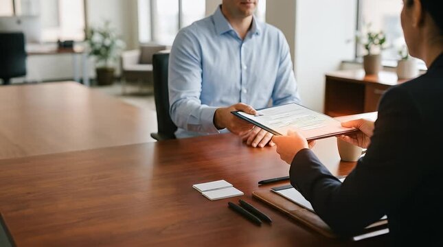 Business Meeting with Document Exchange in Modern Office Setting