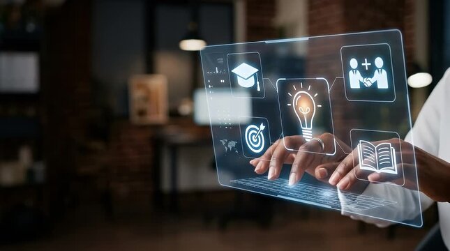 Futuristic Holographic Interface with Business Icons and Hands