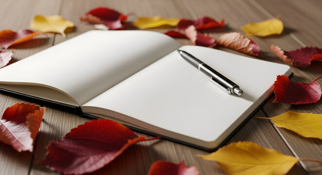 Autumn leaves and an open notebook.