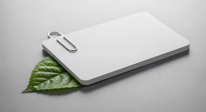 Blank notepad with paperclip and leaf.