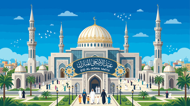Vibrant Eid al-Adha celebration scene depicting a grand mosque with people gathered on pathways and palm trees adorning the landscape under a clear blue sky conveying festive spirit and community.