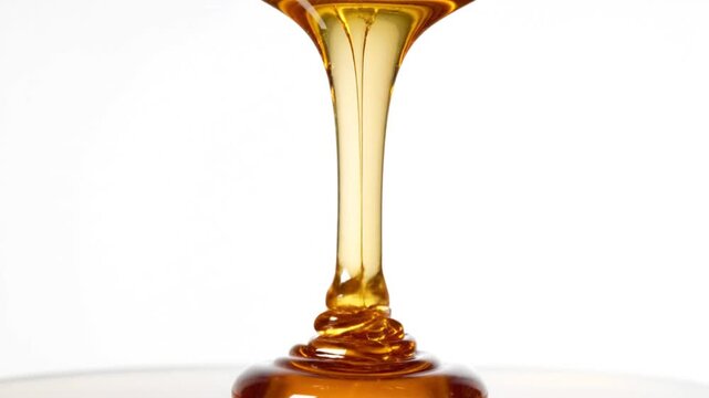 Macro detail of a thick viscous drop of golden amber melted sugar syrup dripping slowly isolated on a white background, highlighting the translucent glossy texture and liquid flow.