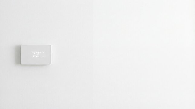 Smart thermostat display showing temperature on a white wall interior