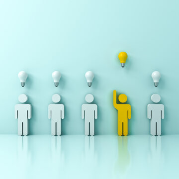 Stand out from the crowd and different concept One yellow man raising his hand got an idea bulb among other people on light blue green pastel color background with reflections 3D rendering