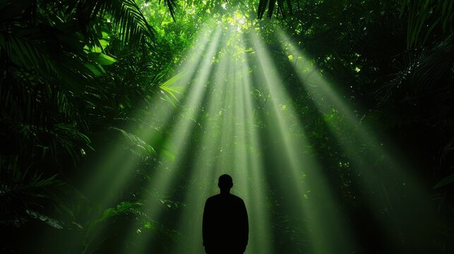 wellness mindfulness detox concept. Silhouette of a person standing in a dense forest with sunlight streaming through.