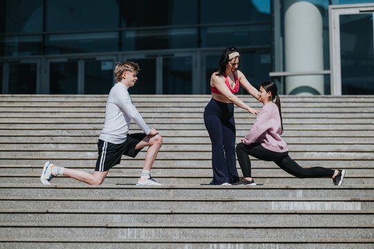 A fitness trainer guides two young adults through lunges on outdoor steps. The group stretches and practices workout technique in an urban setting.