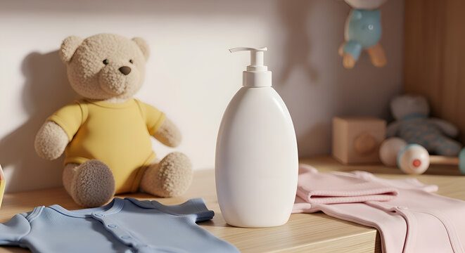 Teddy bear next to baby lotion.