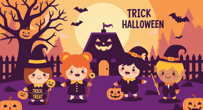 Children in costumes play near a haunted house on Halloween night with pumpkins.