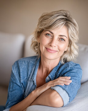 A smiling middle-aged woman with short blonde hair relaxes on a couch, wearing a denim shirt and looking confidently at the camera.