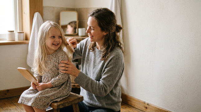 Mother and daughter brushing hair together, tender moment