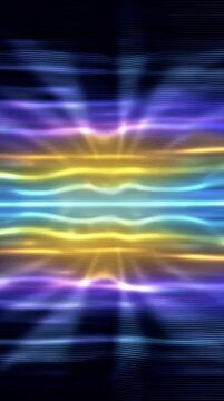Vibrant, abstract digital light waves in horizontal motion, featuring glowing neon lines in blue, yellow, and purple. This energetic, futuristic background is ideal for technology, science, or creativ