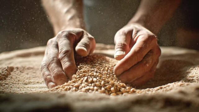 A Baker's Touch: A close-up shot captures a baker's hands expertly sifting through a pile of wheat, highlighting the textures, light, and dedication in the craft of baking.