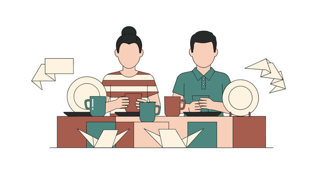 A faceless couple sits at a dinner table looking at their smartphones, with origami birds and speech bubbles surrounding them.