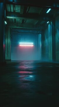 Atmospheric scene inside a dark, abandoned industrial warehouse featuring a vibrant red and blue neon light installation. The wet, reflective floor mirrors the neon glow, creating a mysterious and fut