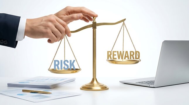 Businessman balancing risk and reward on scales near laptop and charts