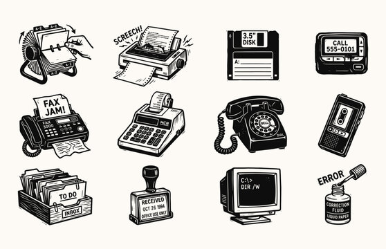 Retro Office Equipment Illustration Set in Linocut Style for Vintage Business Concepts
