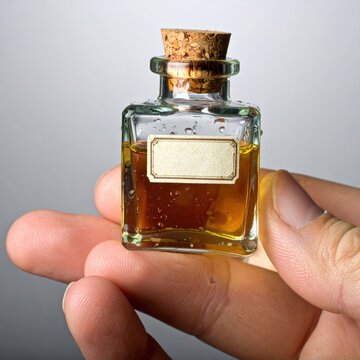 Small square glass bottle held in fingers containing golden liquid with vintage label, alchemy potion, apothecary essence, herbal medicine, magic elixir