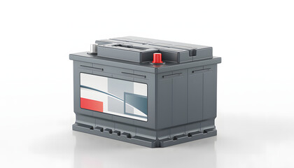 Obraz premium 3D rendering of a modern car battery with an abstract label isolated on white background. Detailed object for automotive parts, vehicle electrical energy, engine maintenance&battery technology concept