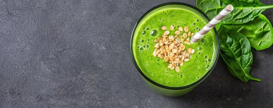 wellness mindfulness detox concept. Green smoothie with oats and spinach leaves on dark textured surface