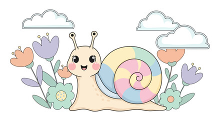 Cute snail character with colorful shell in a spring garden. © Irma